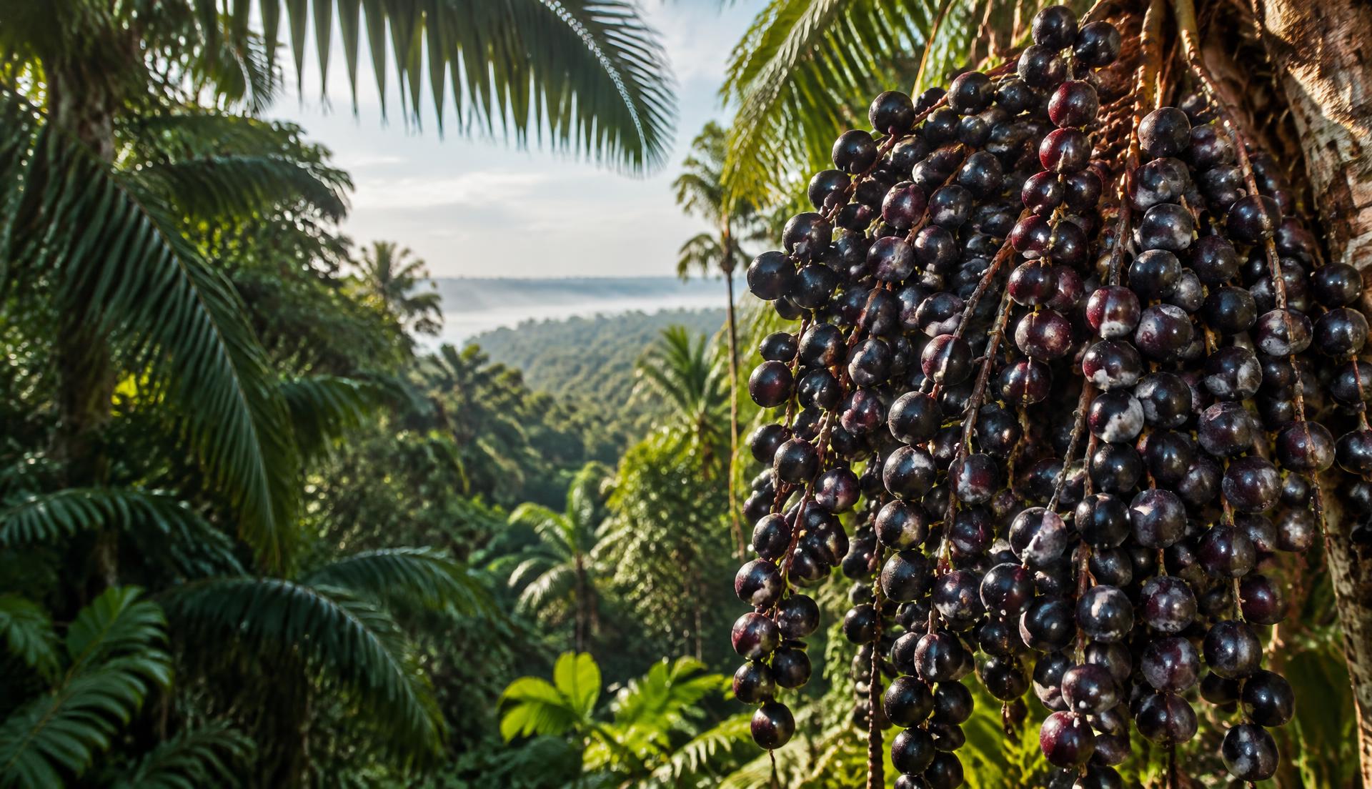 Cachos de açaí maduro na floresta amazônica